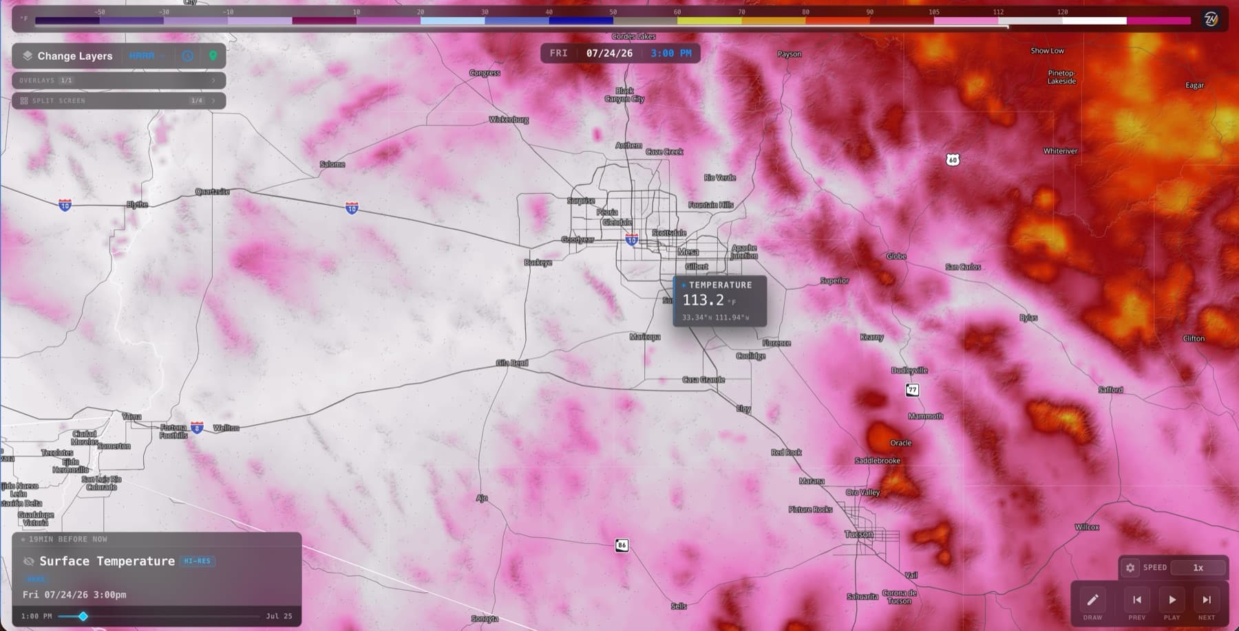 ZoneWatch surface-temperature view reading 113°F during an afternoon heat peak