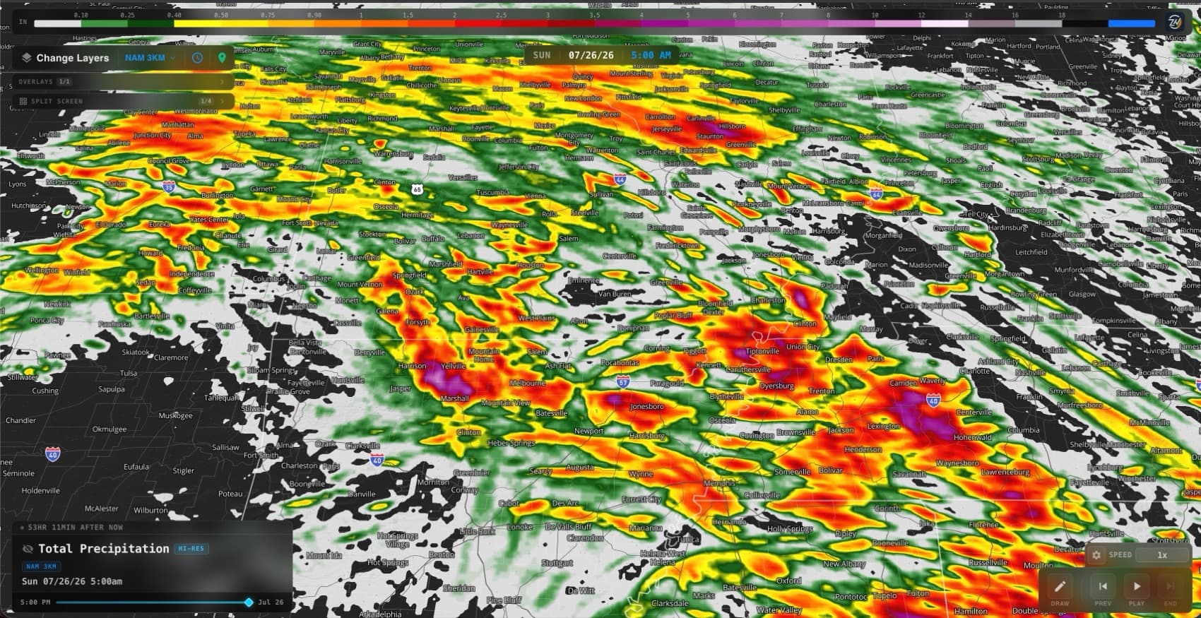 Total precipitation from a thunderstorm complex on ZoneWatch