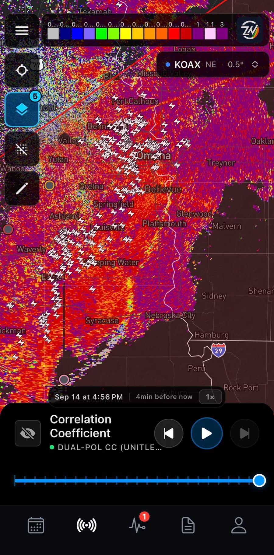 Correlation coefficient radar from KOAX over Omaha with lightning strikes plotted on the map