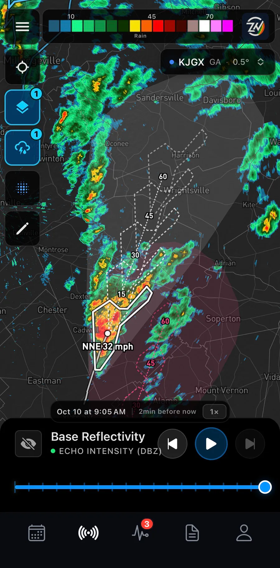 ThreatNet Storm tracking a storm moving NNE at 32 mph, with forecast positions at 15, 30, 45 and 60 minutes and its path-ahead corridor